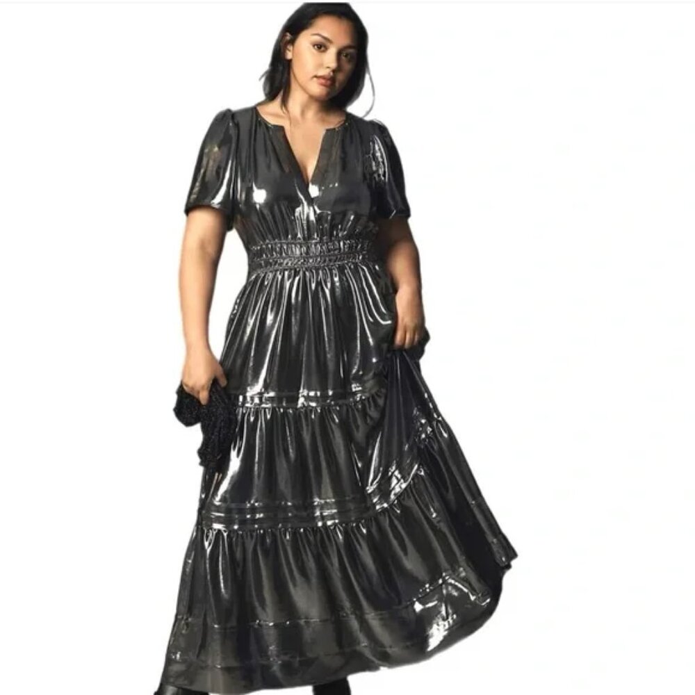 Anthropologie Shimmering Silver Midi Dress (Size L)
